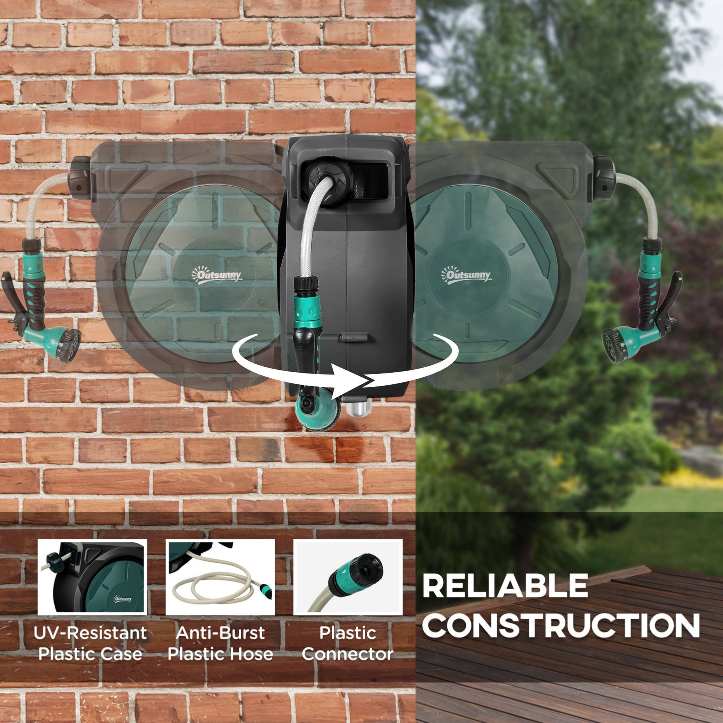 Outsunny Wall-Mounted Hose Reel 30+2m Auto Rewind Green