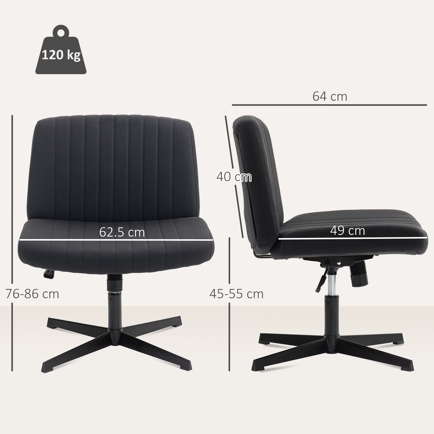 HOMCOM Armless Office Chair, Linen Fabric, Criss Cross Legs, Padded, Tilt & Height Adjustable Swivel Seat for Home Office, Black