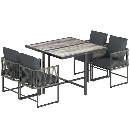 Outsunny 4-Seater Garden Dining Set, Rattan Outdoor Furniture with Space-Saving Chairs and Thick Cushions for Patio Balcony Black