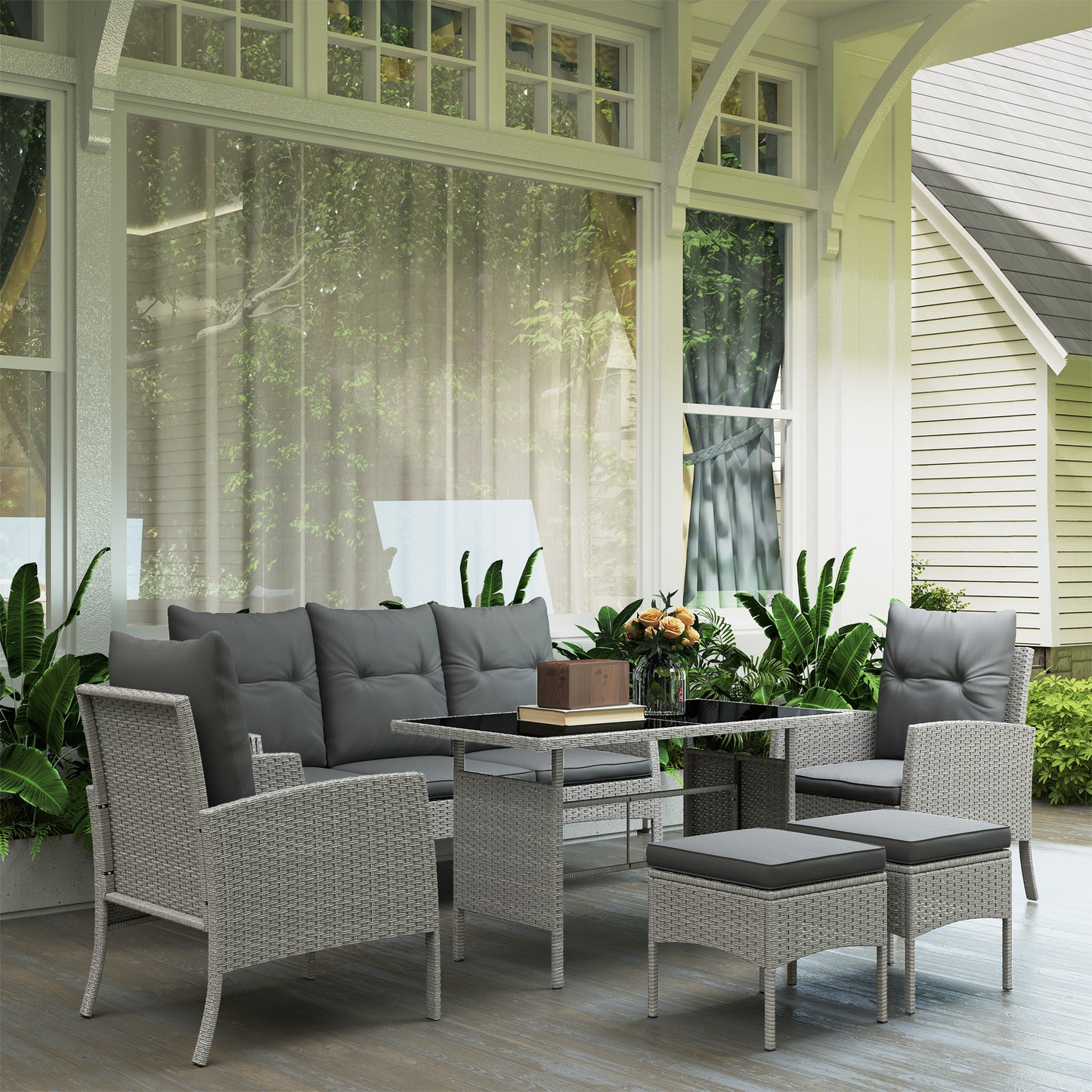 Outsunny 5 Seater Rattan Furniture Set: 2 Armchairs, 3-Seater Sofa, 2 Footstools, Table, Grey Cushions