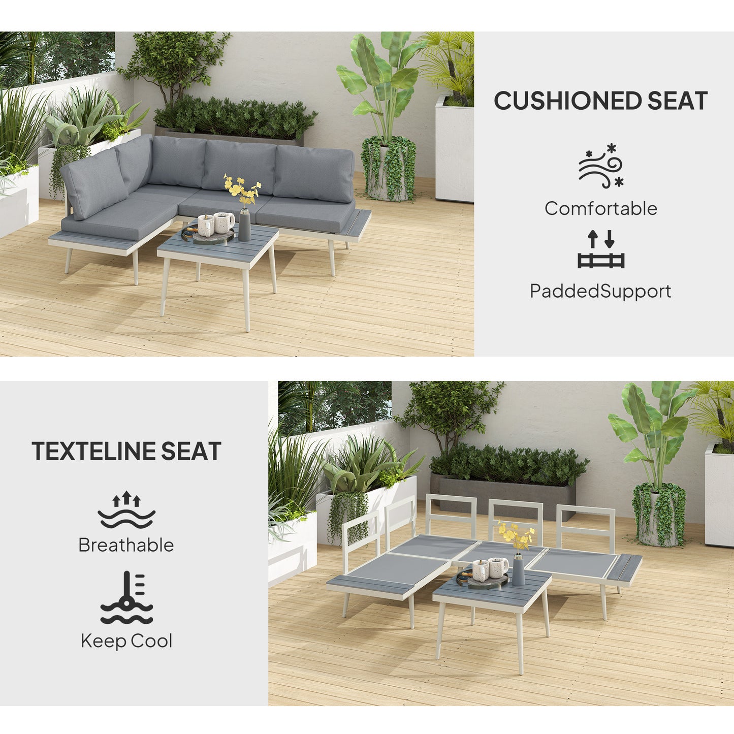 Outsunny 3 Piece Garden Furniture Set, Adjustable Lounger, L Shaped Corner Sofa with Cushions, Mesh Seat, Wood-Grain Table, Grey