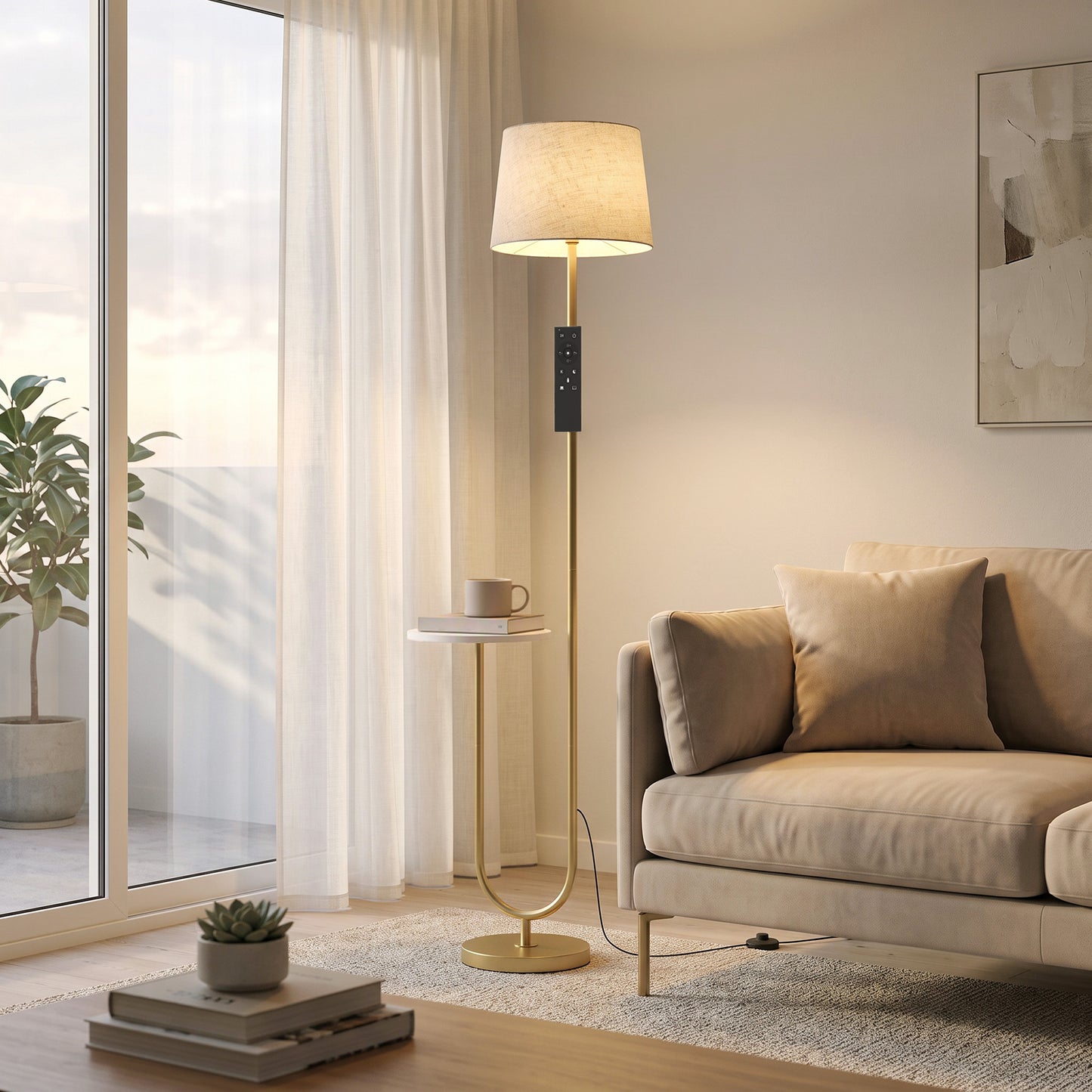 HOMCOM Modern Floor Lamp with Shelf, Dimmable Floor Lamp with Linen Shade, RF Remote and Foot Switch for Living Room, Gold Tone