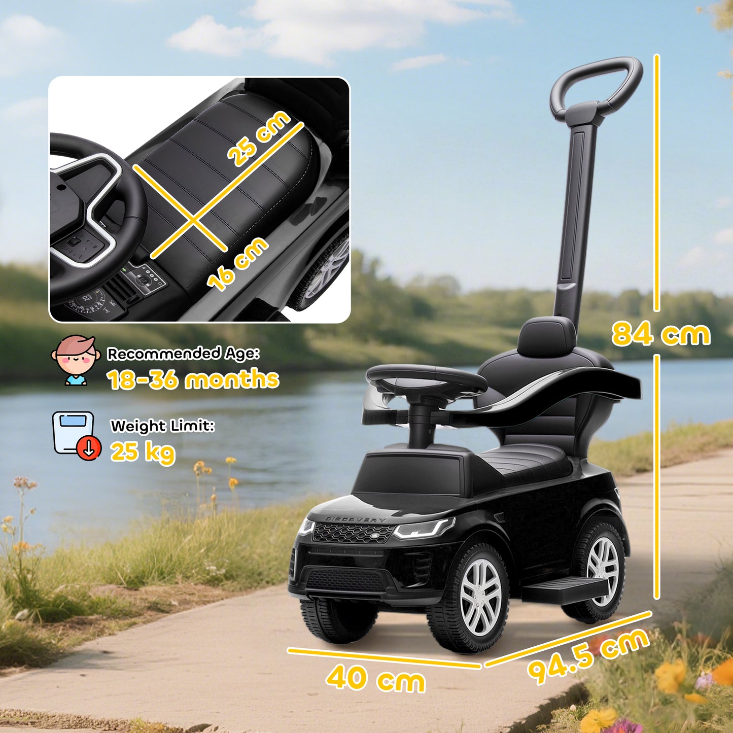 AIYAPLAY LAND ROVER DISCOVERY Licensed Baby Push Car, 2-in-1 Ride on Car with Push Handle and Safety Guardrail, Black