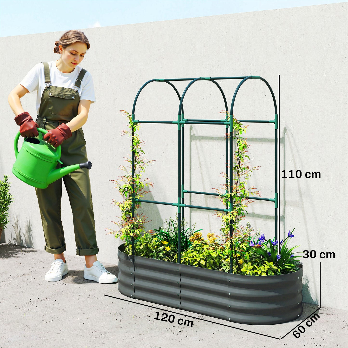 Outsunny Galvanised Raised Garden Bed with Arched Trellis, 4 x 2 x 4.6ft Metal Raised Bed for Garden with Open Bottom, Dark Grey