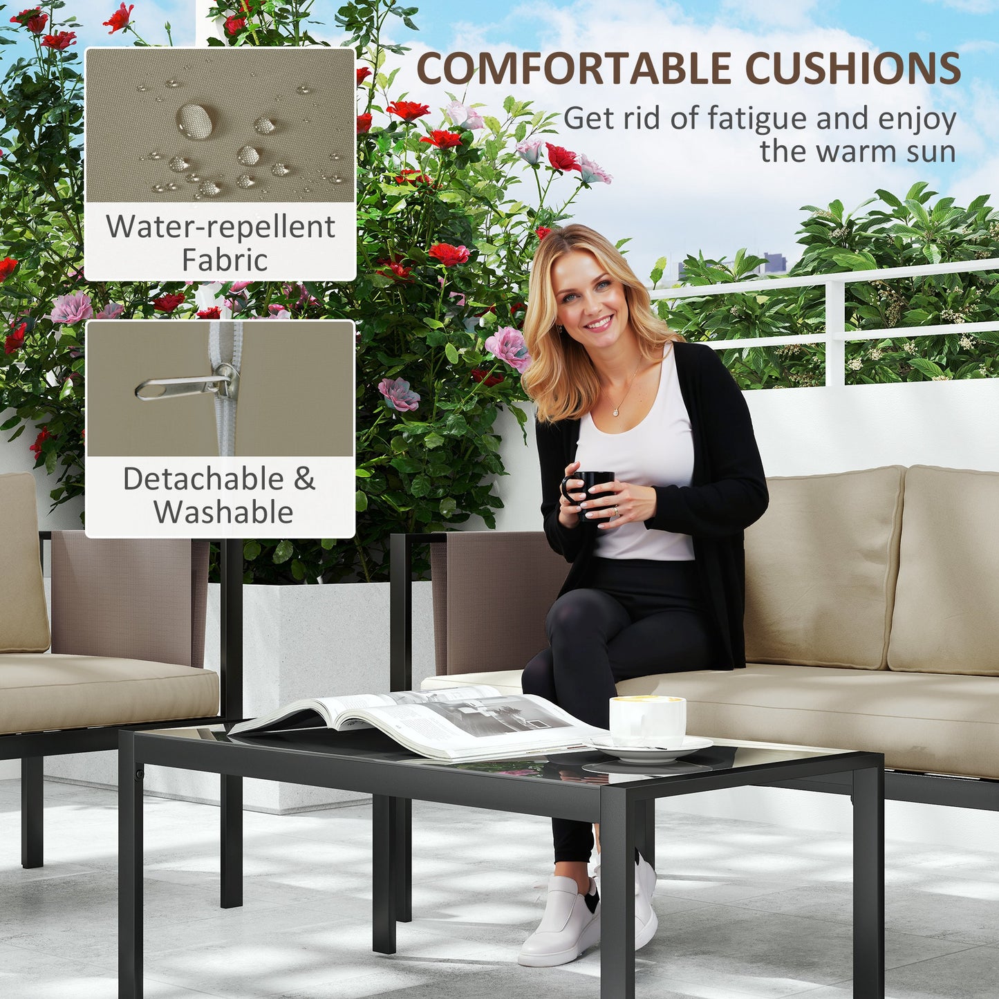 Outsunny 4-Piece Metal Garden Furniture Set with Tempered Glass Table, Loveseat, Single Armchairs, Padded Cushions, Khaki