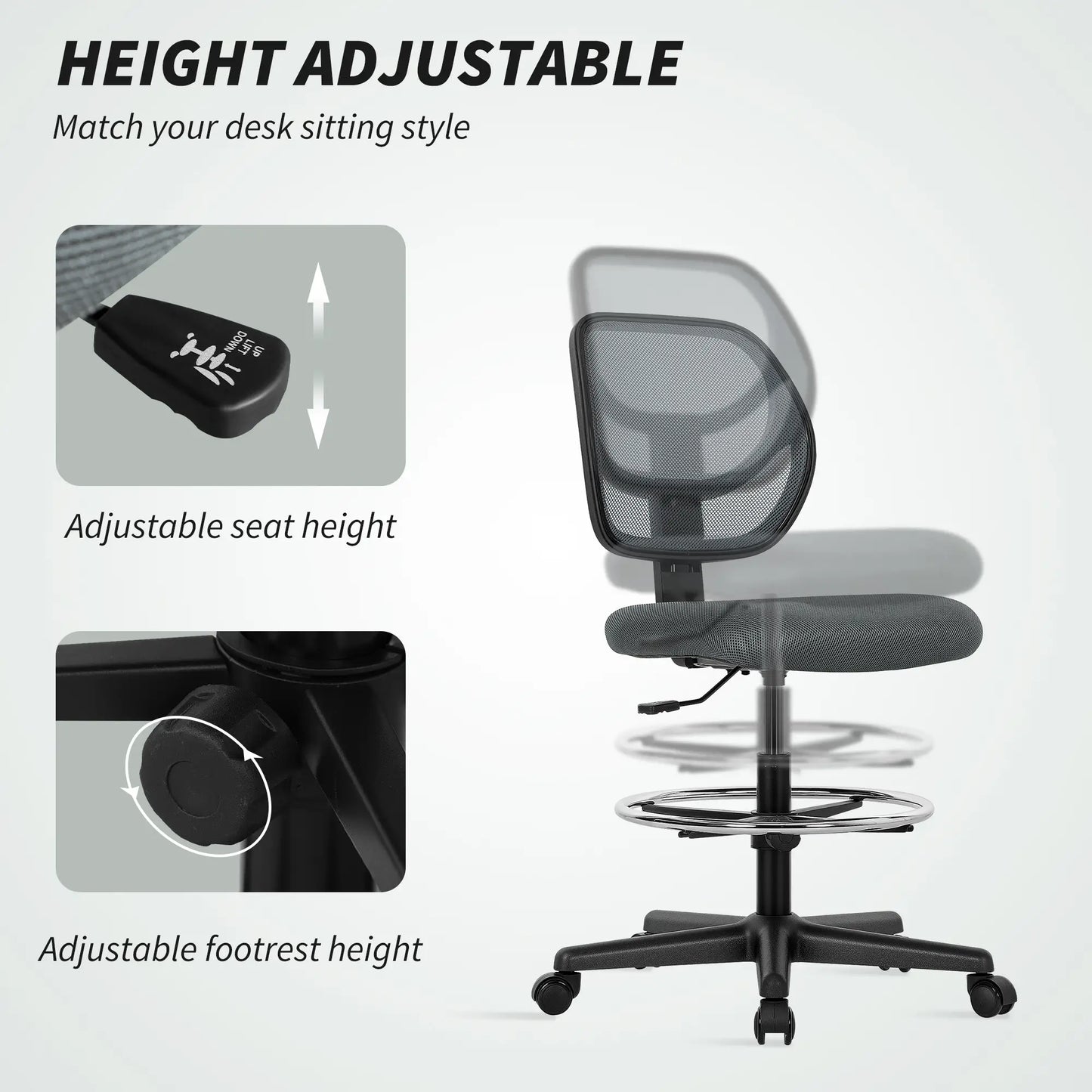 Vinsetto Ergonomic Mesh Standing Desk Chair with Adjustable Footrest Ring and Seat Height Charcoal Grey