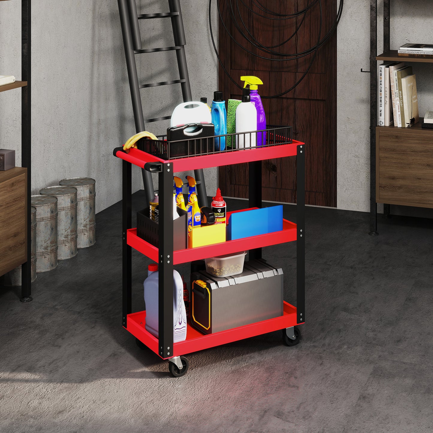 HOMCOM Tool Utility Cart Heavy Duty Tool Trolley Rolling with Brake Swivel Castors 3 Shelves Black Red
