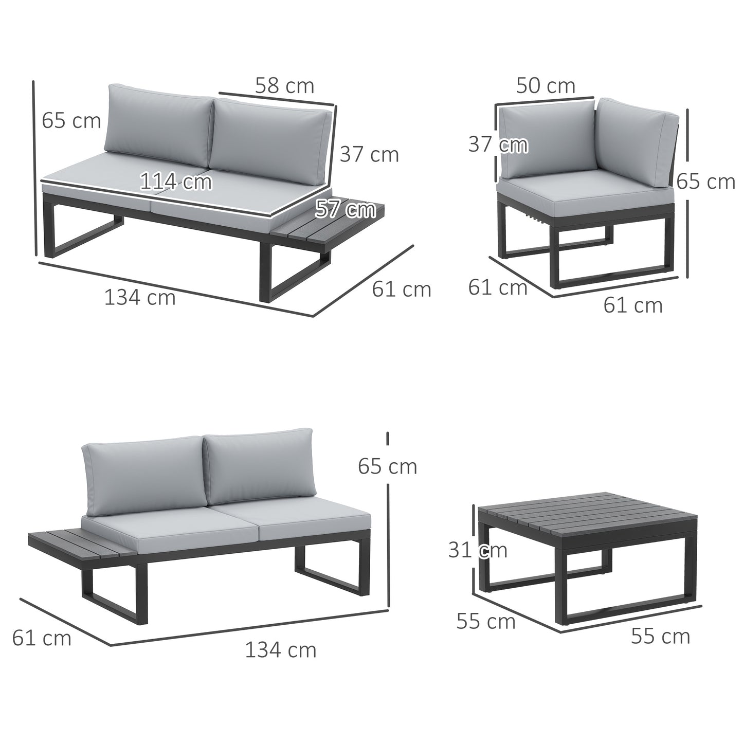 Outsunny 4-Piece Patio Set: 5-Level Recline Corner Sofa, Cushions, Wood Grain Table, Black Frame, Light Grey