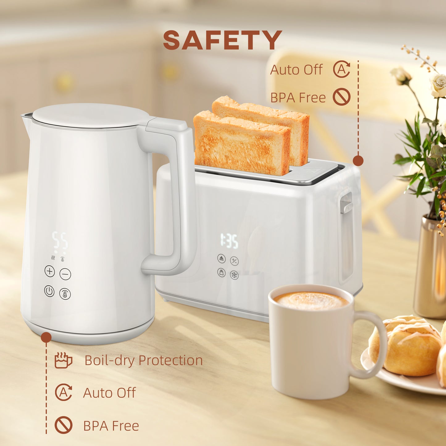 HOMCOM Kettle and Toaster Set, 1.5L 3000W Fast Boil Kettle with Insulation & 2 Slice Toaster