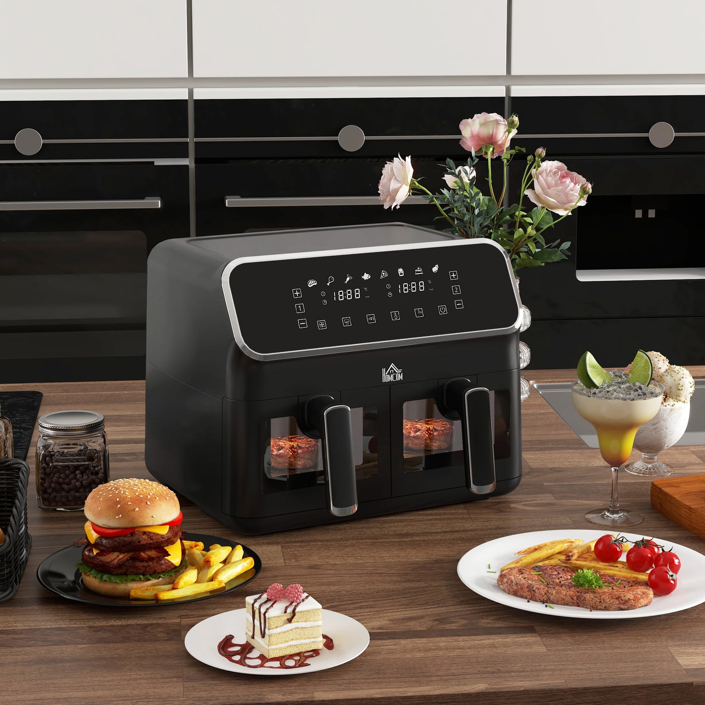 HOMCOM 8L Dual Basket Air Fryer, 80-200℃, with Sync Function - Black/Silver