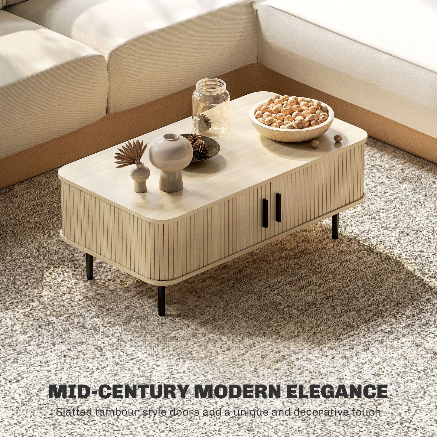 HOMCOM Coffee Table with Storage, Living Room Table with Slatted Tambour Sliding Doors and Foot Pads