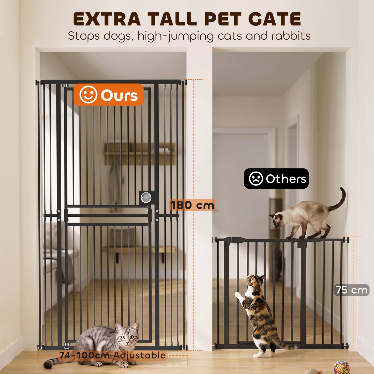 PawHut 180cm Extra Tall Cat Gate, Adjustable Pet Gate with 74-100 cm Wide, Pressure Fit, Pull-Ring Latch, Black
