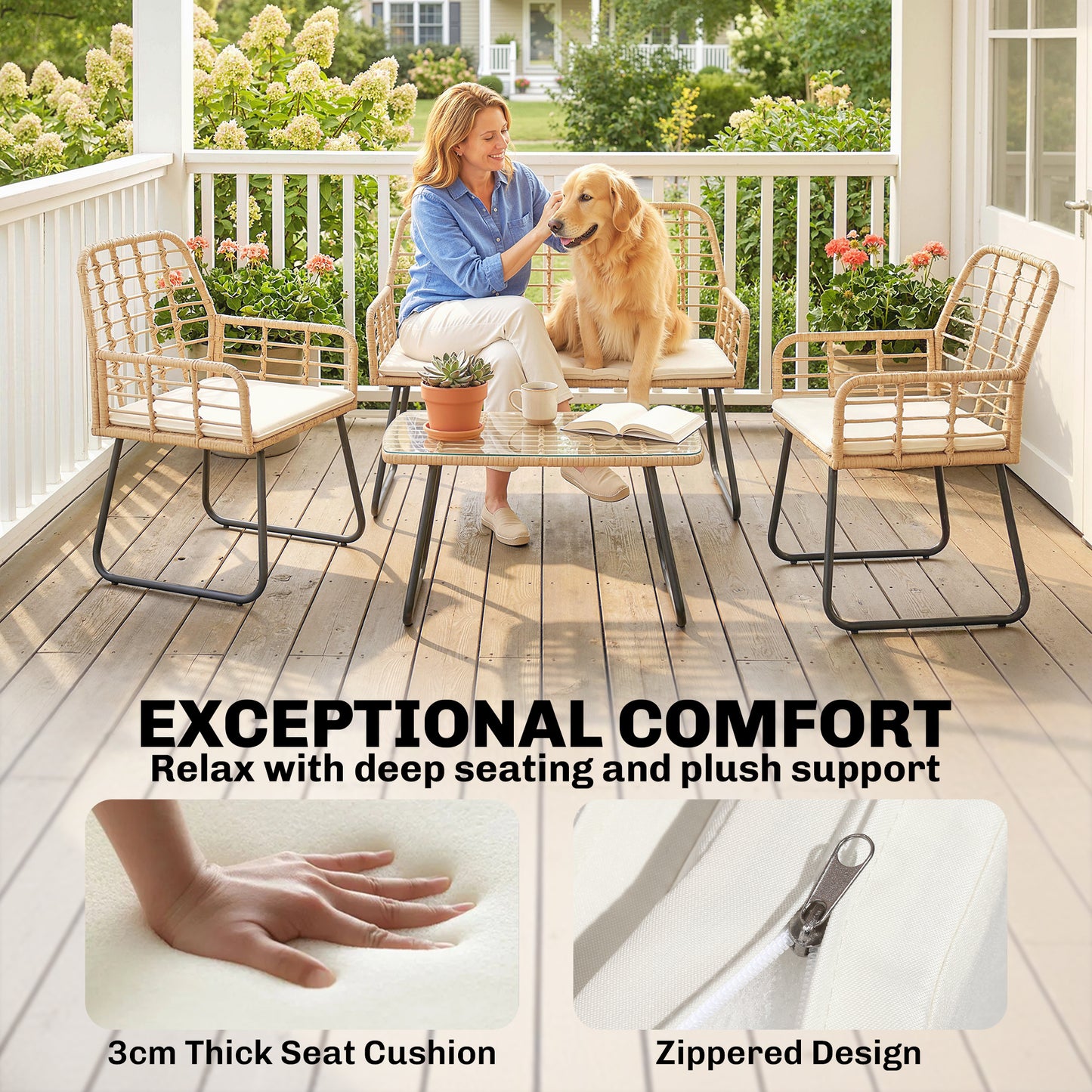 Outsunny 4 Piece Rattan Garden Furniture Set, Outdoor Patio Furniture, Armchairs and Coffee Table