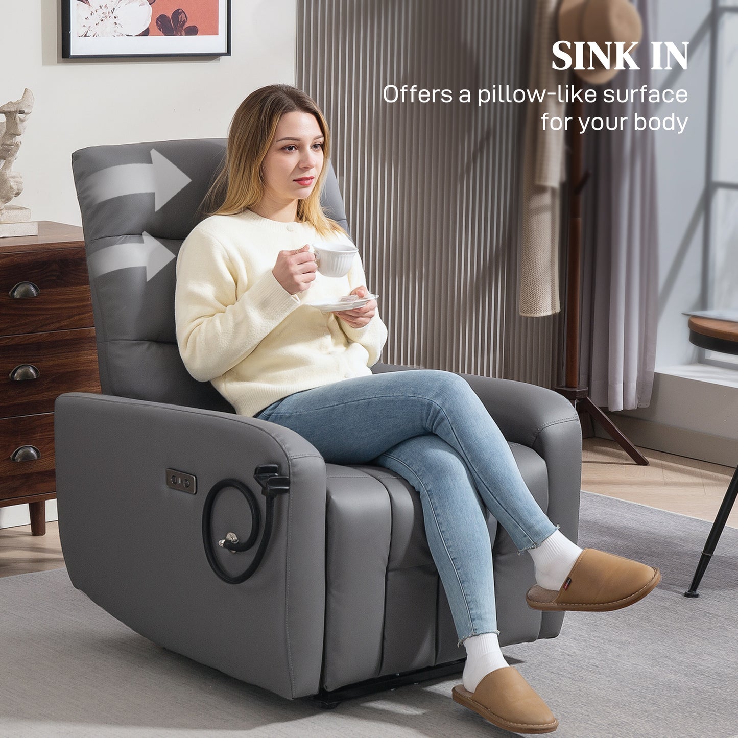 HOMCOM Electric Recliner Armchair, USB + Type C Charging, Phone Holder, PU Leather, Adjustable Leg Rest, for Home Living Room Theater, Grey