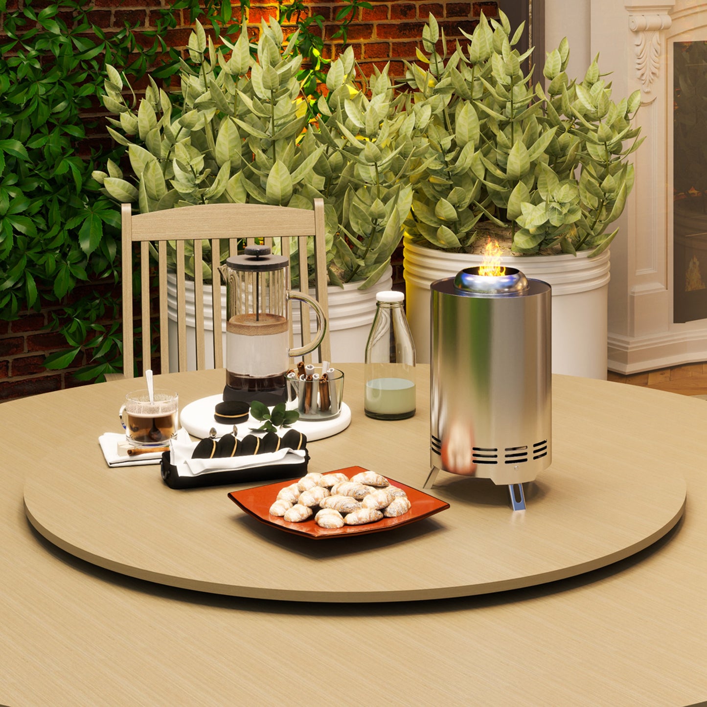 Outsunny Smokeless Fire Pit, 16x16cm Stainless Steel Portable Wood/Pellet Tabletop Firepit with Poker for Garden Camping, Silver Tone