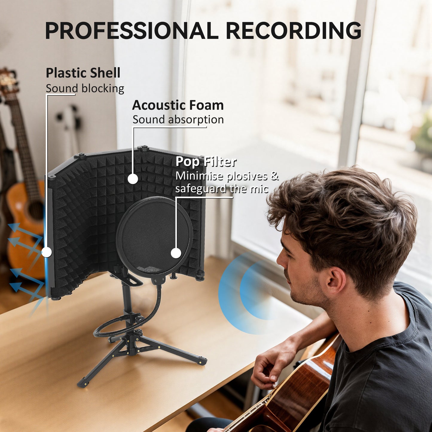 HOMCOM Studio Microphone Isolation Shield with Pop Filter & Tripod Stand, Foldable 3-Panel Foam Shield, 3/8" Threaded Mount, Black