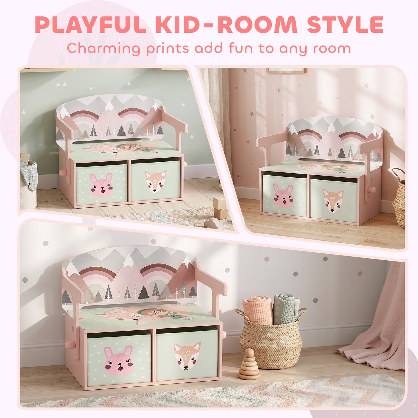 AIYAPLAY Kids Table and Chair Set, 3 in 1 Wooden Toy Box with 2 Fabric Drawers for Bedroom, Playroom, Gift for Boys Girls, Pink