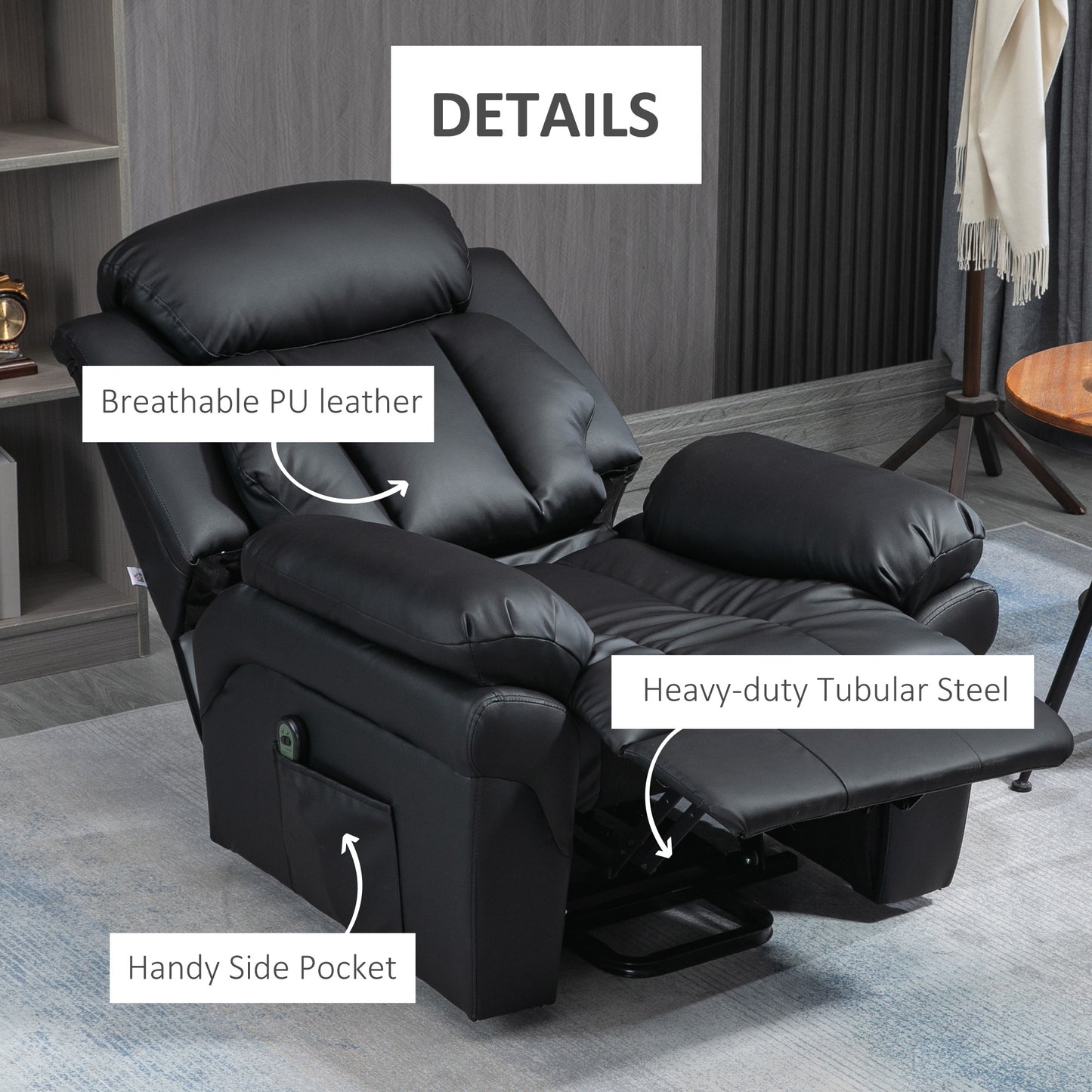 HOMCOM Power Lift Chair Recliner for Elderly, Electric Faux Leather Armchair with Remote Control and Side Pockets, Black