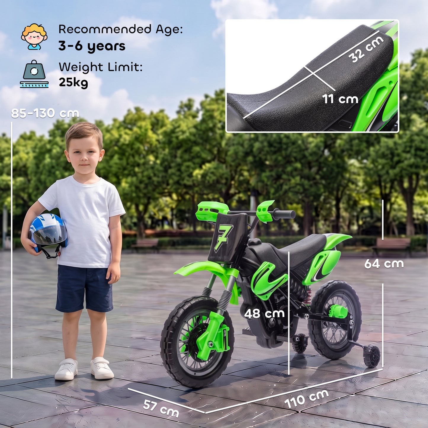 AIYAPLAY 12V Kids Electric Motorbike, Ride on Motorcycle with Dual Motors, Training Wheels, Rear Suspension for 3-6 Years, Green