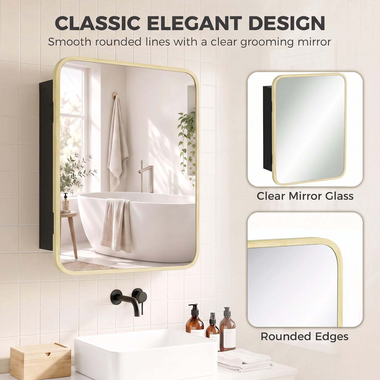 HOMCOM Bathroom Medicine Mirror Cabinet, Bathroom Wall Cabinet w/ Storage, Magnetic Door, Adjustable Shelf, Natural Wood Finish
