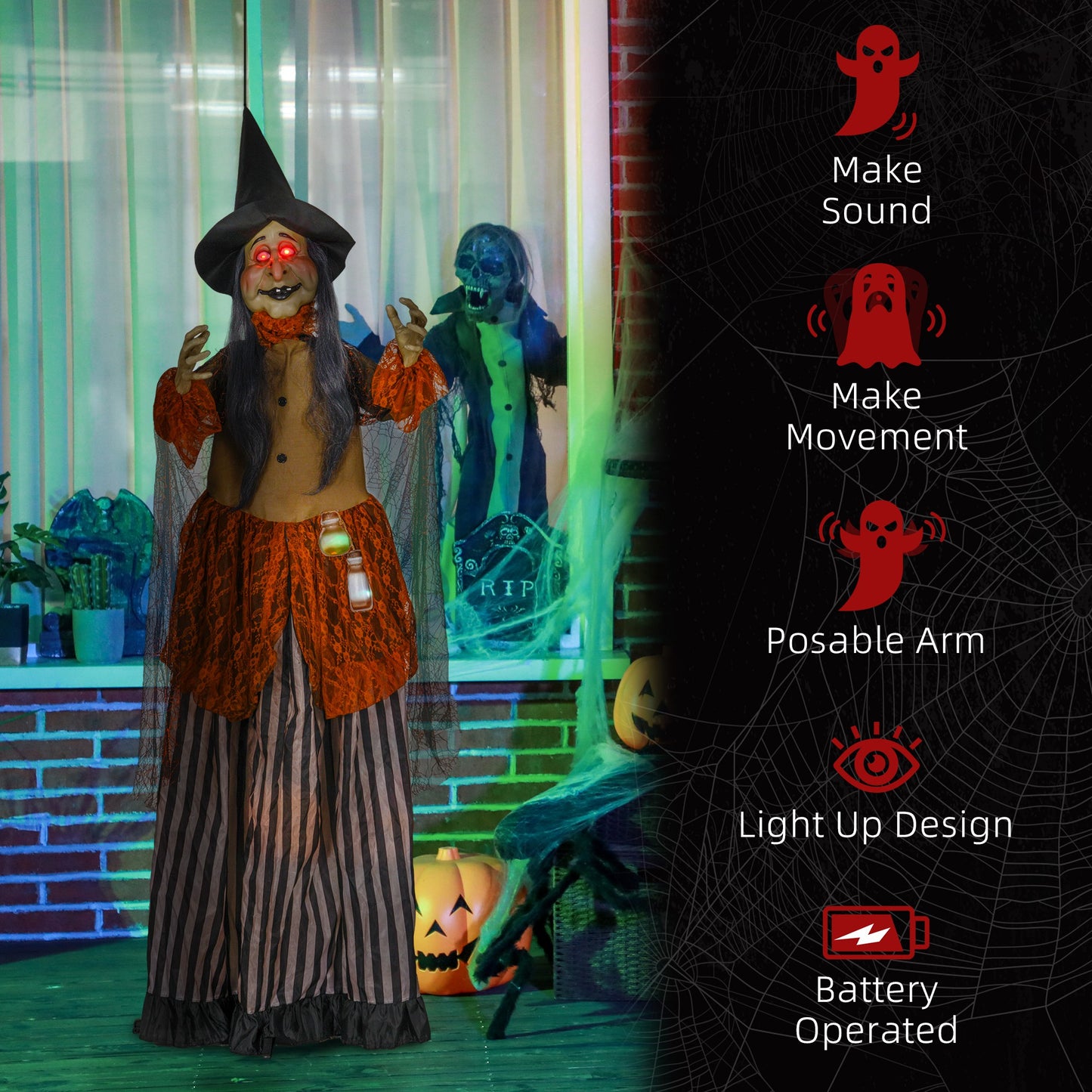 HOMCOM 183 cm Life Size Fat-Faced Witch Halloween Animatronic with Light Up Eyes and Sound Effects, Outdoor Decoration, Animated Prop - Black
