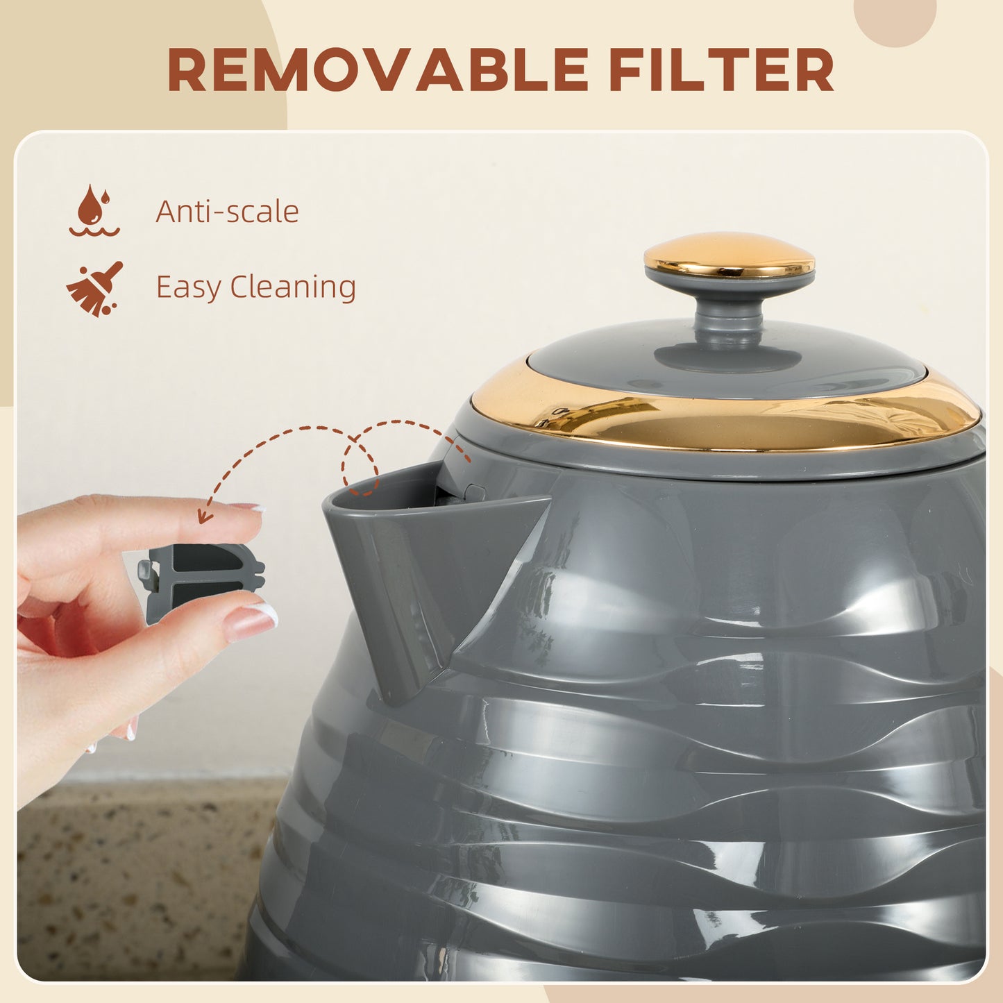 HOMCOM Electric Kettle, 1.7L, Fast Boil, 3kW Water Kettle with Removable Washable Anti-scale Filter - Grey