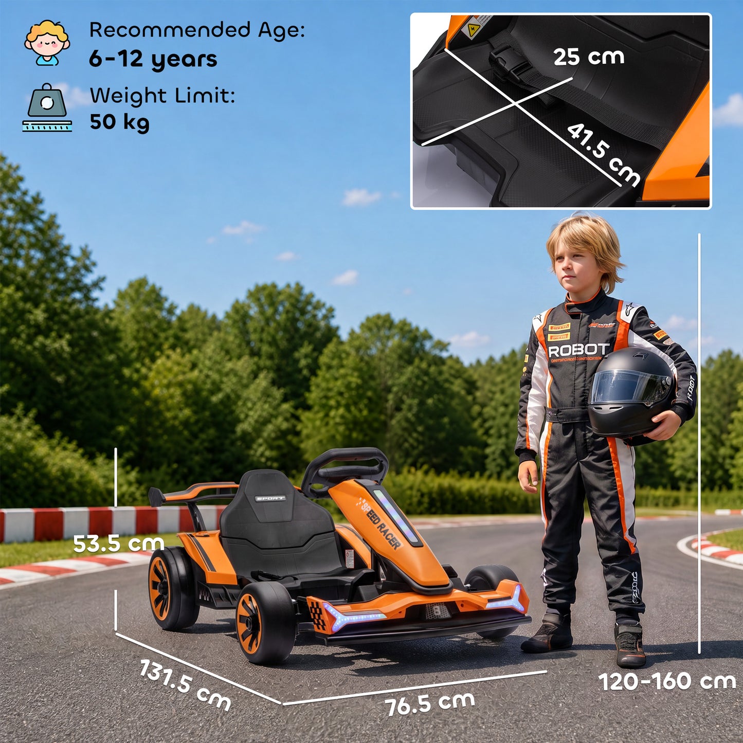 AIYAPLAY 24V Electric Go Kart for Kids 6-12 Years with Drift Mode, Adjustable Seat, 3 Speed, Slow Start, Orange