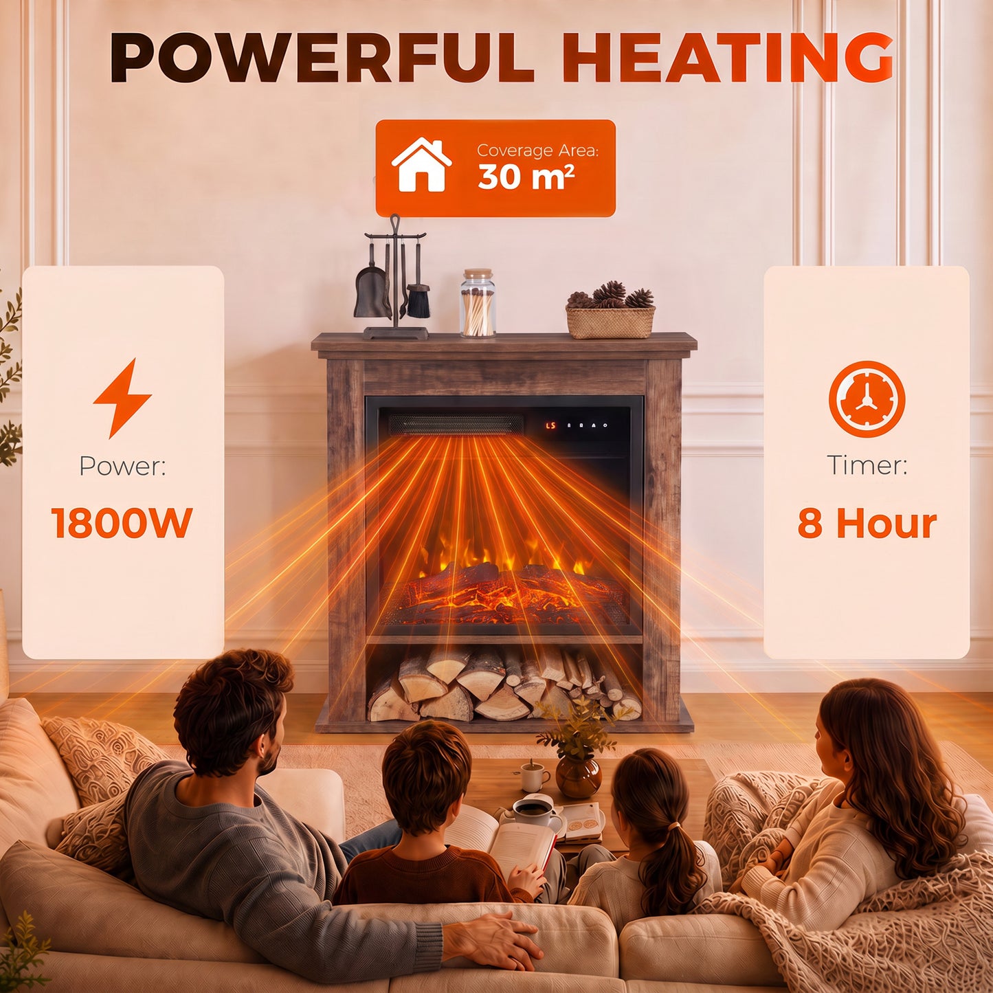 HOMCOM Electric Fireplace Suite with Shelf, 25" 1800W Electric Fire and Surround with LED Flame, 5 Brightness, Remote, Oak