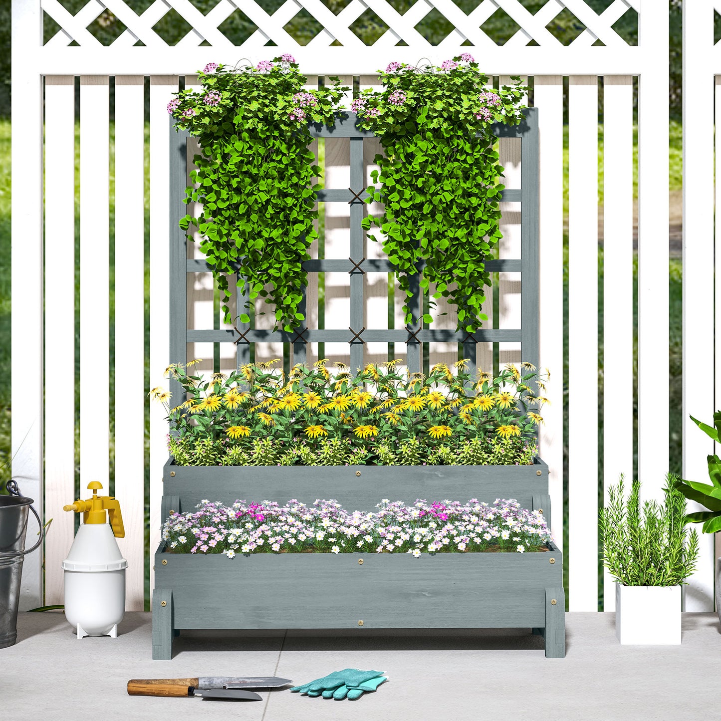Outsunny Raised Garden Bed with Trellis, Wooden Elevated Planter Box, Drainage Holes, for Plants, Fruits, Vegetables, Flowers, Grey