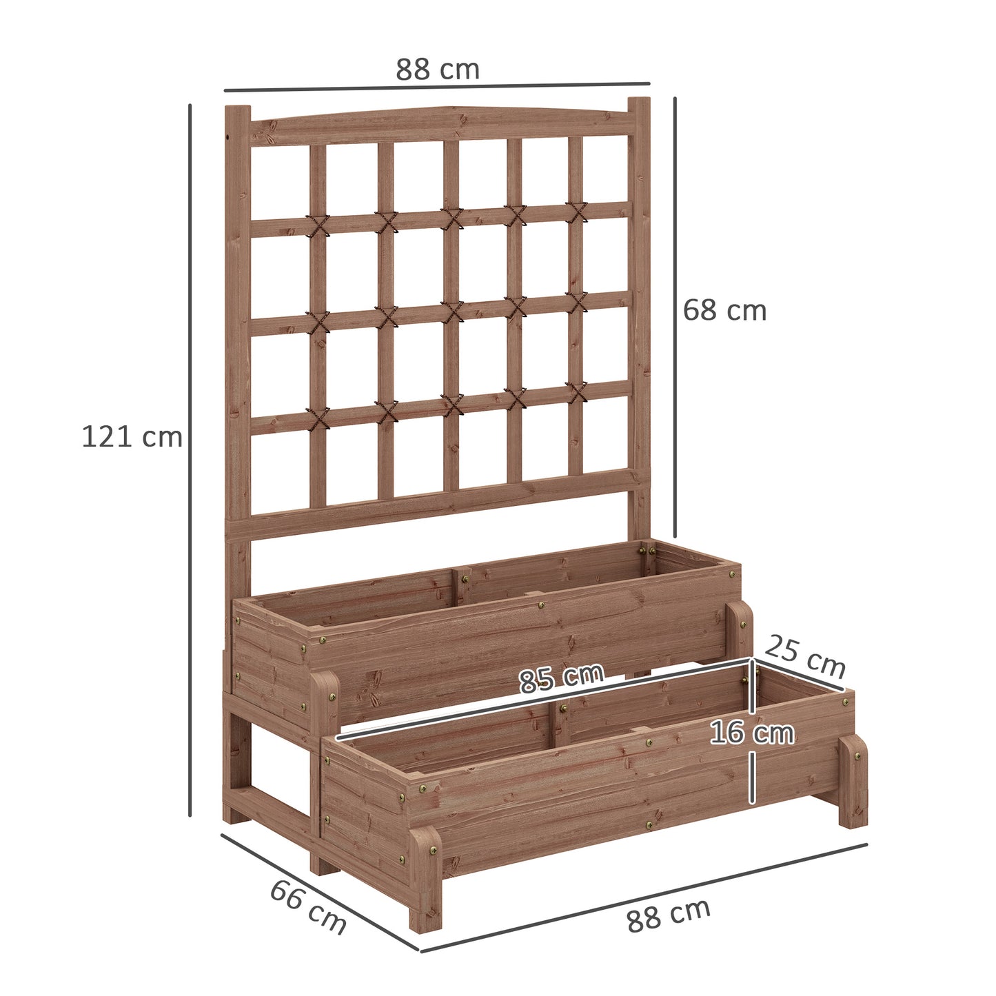 Outsunny 2-Tier Raised Garden Bed with Trellis, Wooden Elevated Planter Box with Drainage for Plants, Fruits, Vegetables, Flowers, Brown