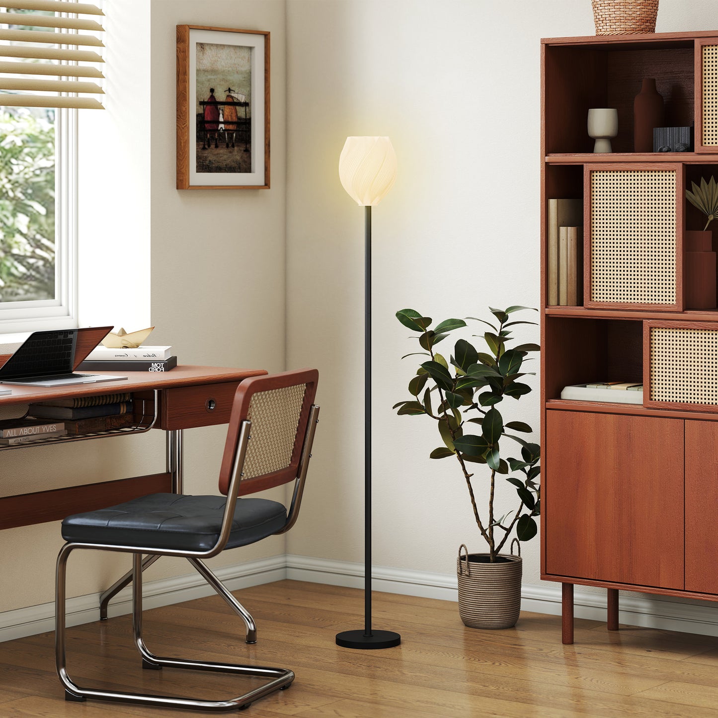 HOMCOM Floor Lamp, 3D Printed Rose Shade, Foot Switch, Tall Pole for Living Room, Bedroom, Office, E27 Holder, No Bulb (25W Max), White