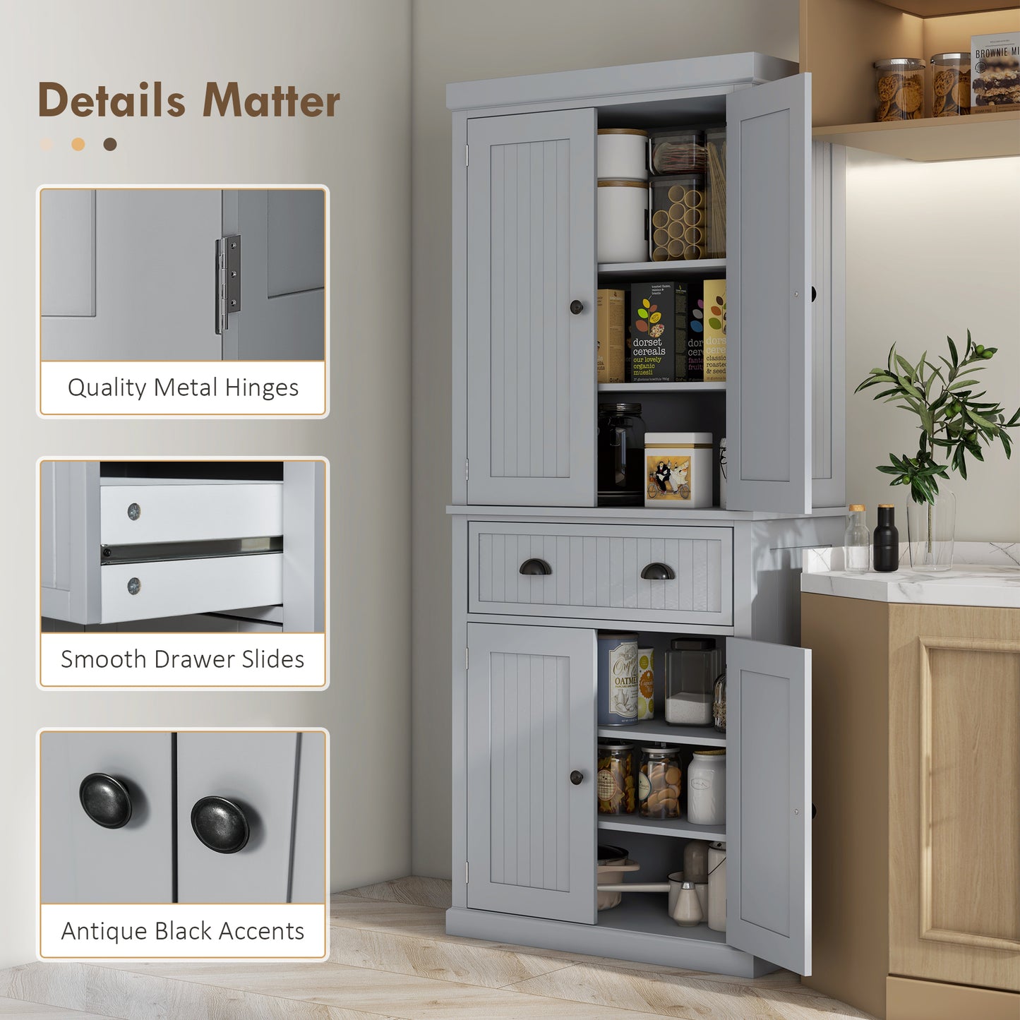 HOMCOM Traditional Kitchen Cupboard Freestanding Storage Cabinet with Drawer Doors and Adjustable Shelves Grey