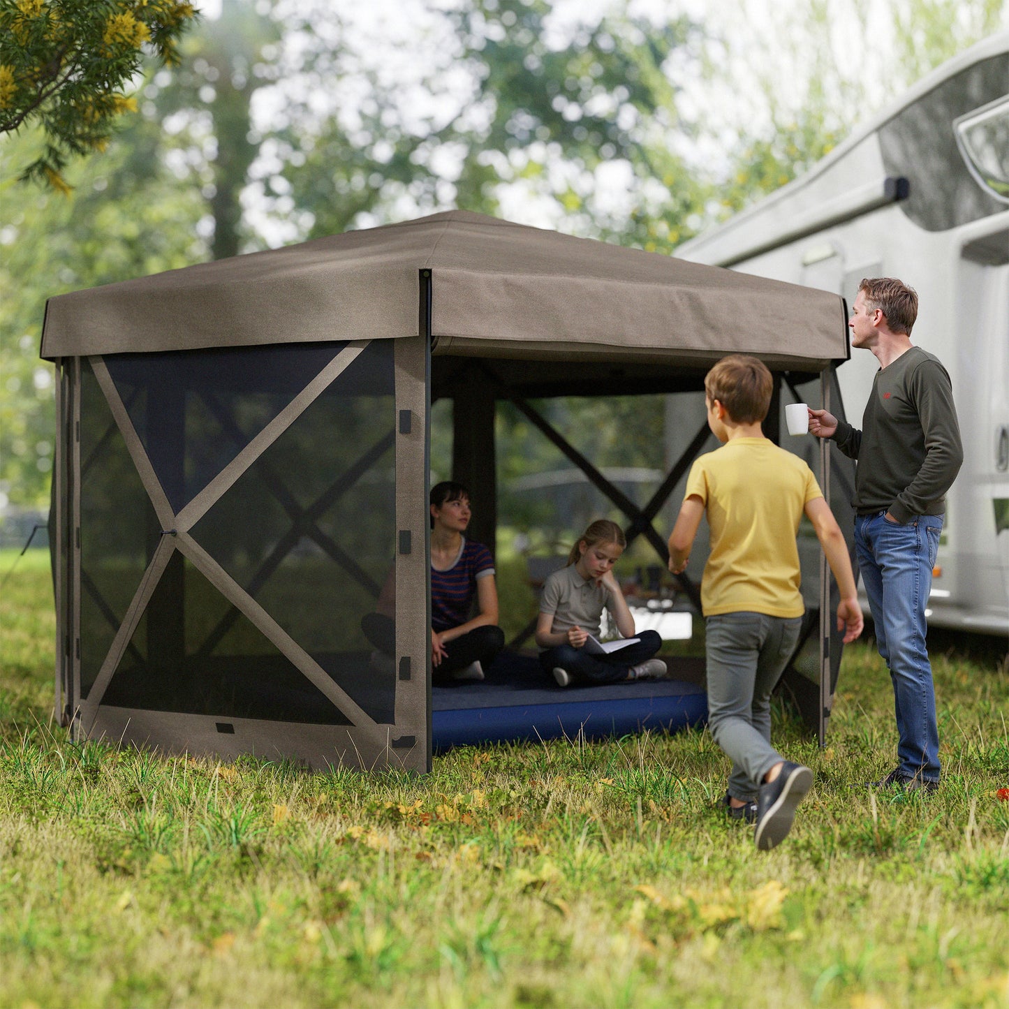 Outsunny 3x3m Hexagon Pop Up Gazebo, Waterproof UV Resistant Tent with Netting & Carry Bag, Brown