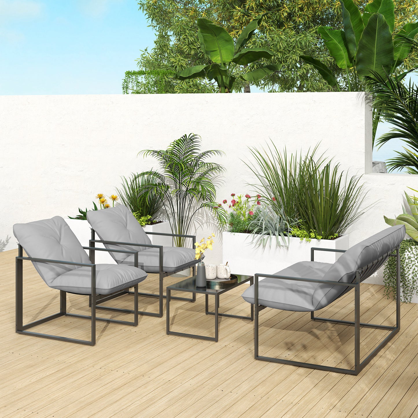 Outsunny Four-Piece Relaxed Back Garden Dining Set - Black/Light Grey