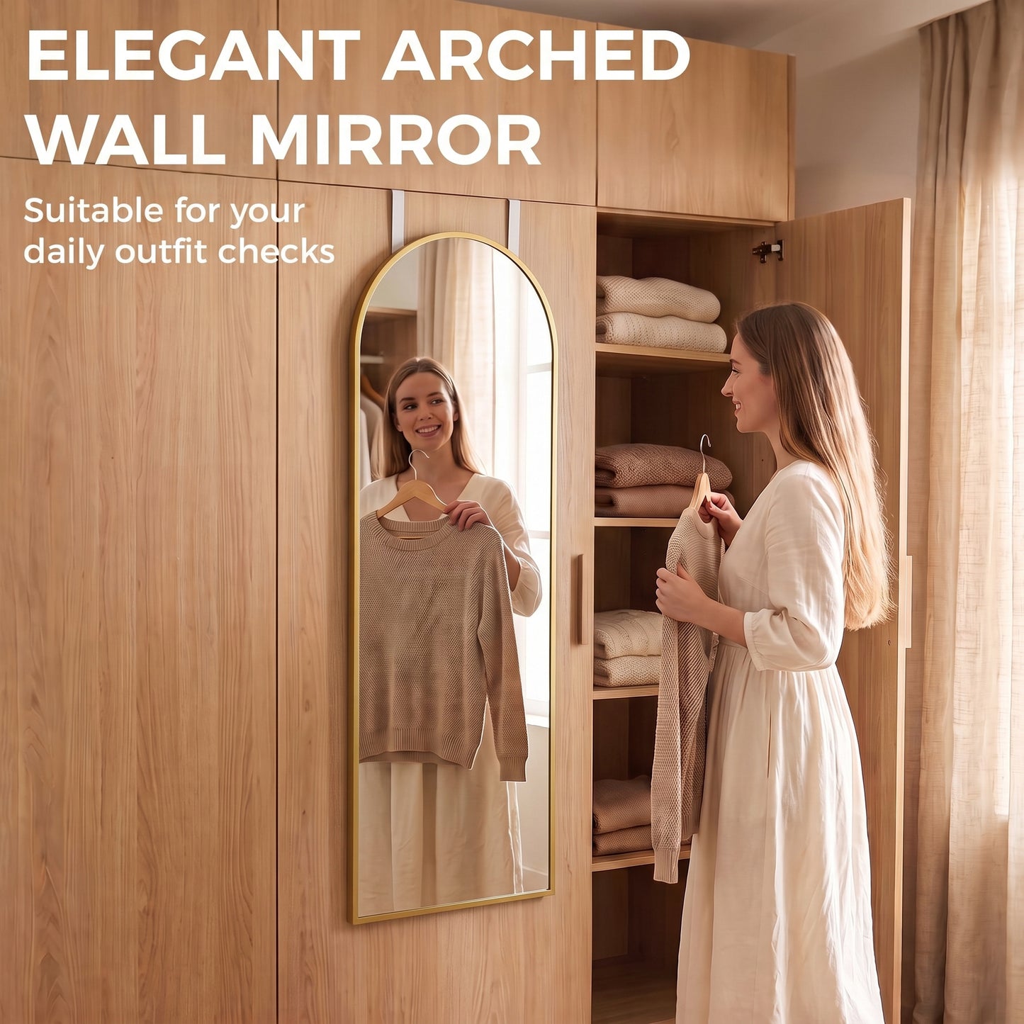 HOMCOM 40 x 110 cm Full Length Hanging Mirror, Arched Mirror with Adjustable Hooks, Over-the-Door or Wall-Mounted, Gold Tone
