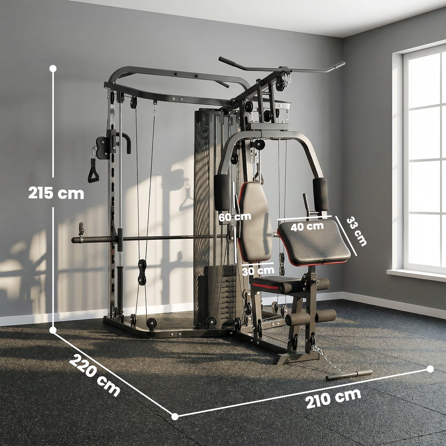 SPORTNOW Home Multi Gym Smith Machine with 65kg Weight Stack, Cable Pulley System, Chest Station, Preacher Pad & Leg Developer