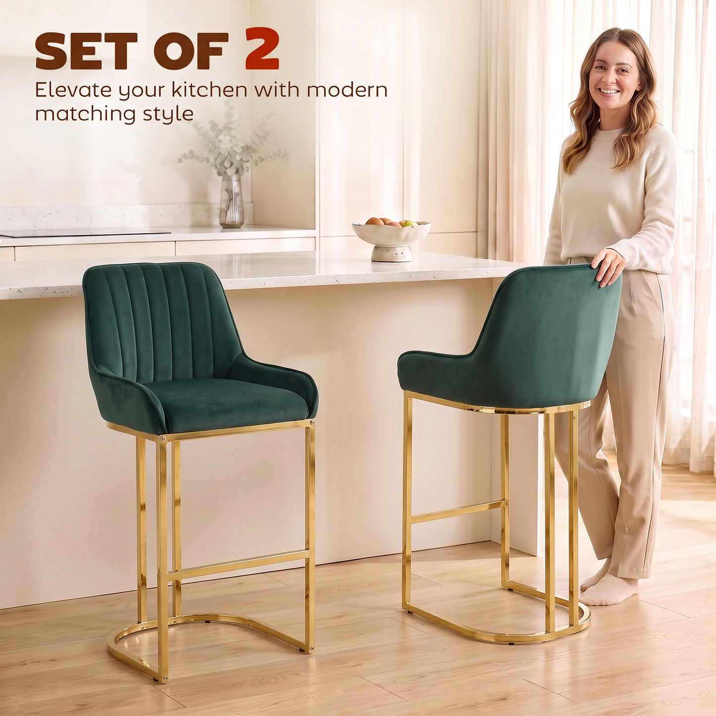 HOMCOM Bar Stools Set of 2 with Backrest, Footrest, Gold Electroplated Legs for Kitchen Island, Dining Room, Dark Green