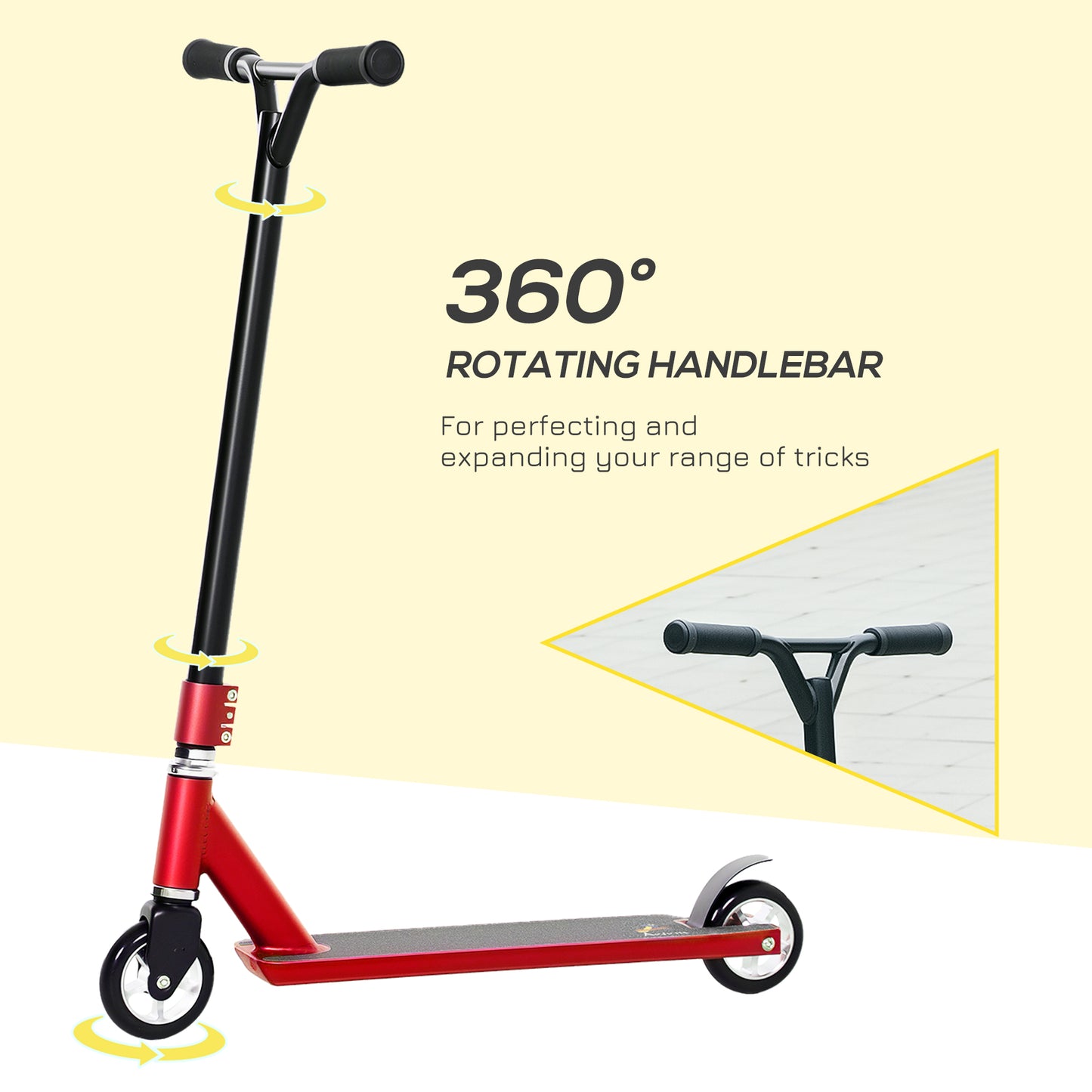 HOMCOM Stunt Scooter, 360° Entry Level Tricks Scooter w/ Lightweight Aluminium Deck and ABEC 7 Bearing, For Age 14+ Beginners, Red