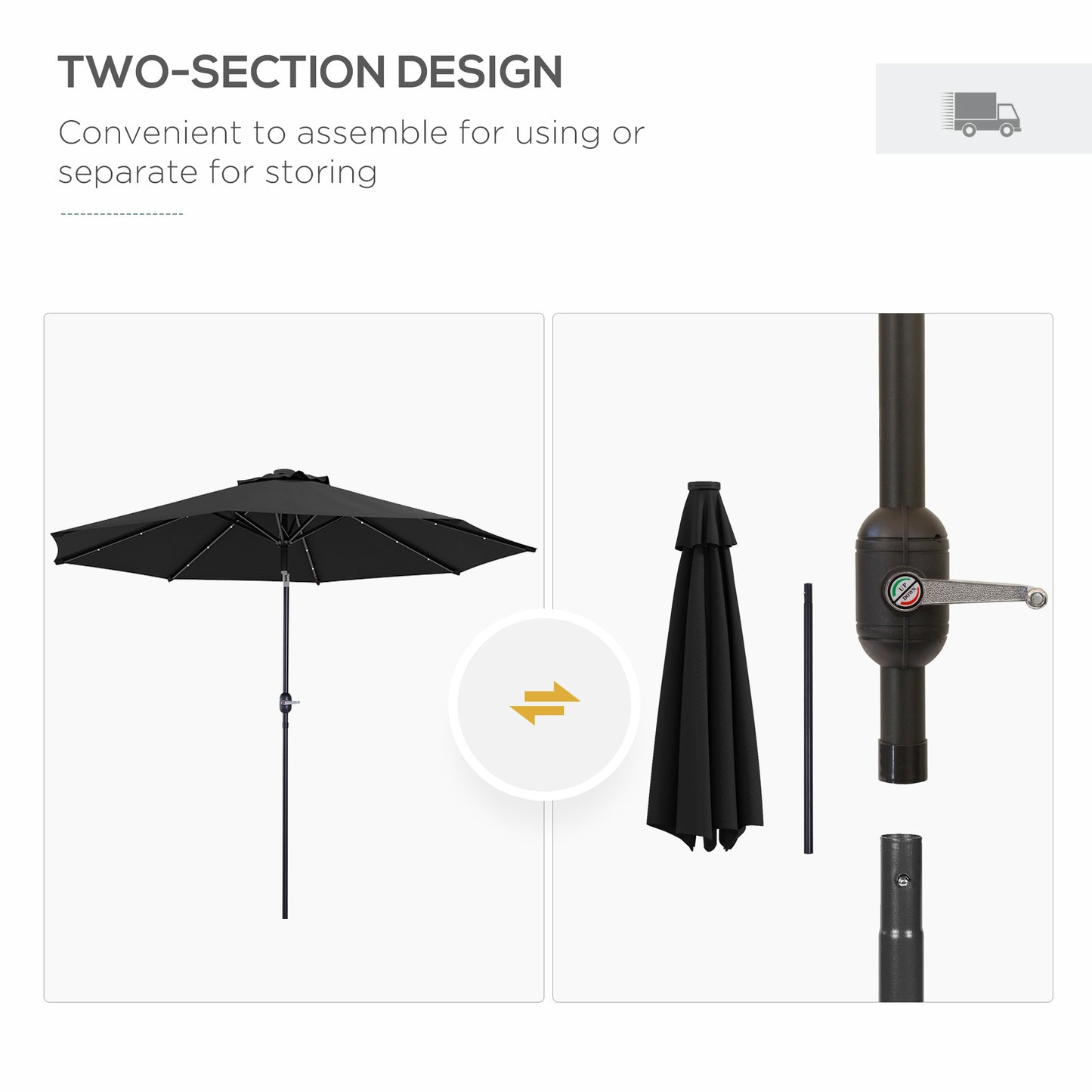 Outsunny 2.7m Outdoor Patio Garden Umbrella Parasol with Tilt Crank and 24 LEDs Lights Black