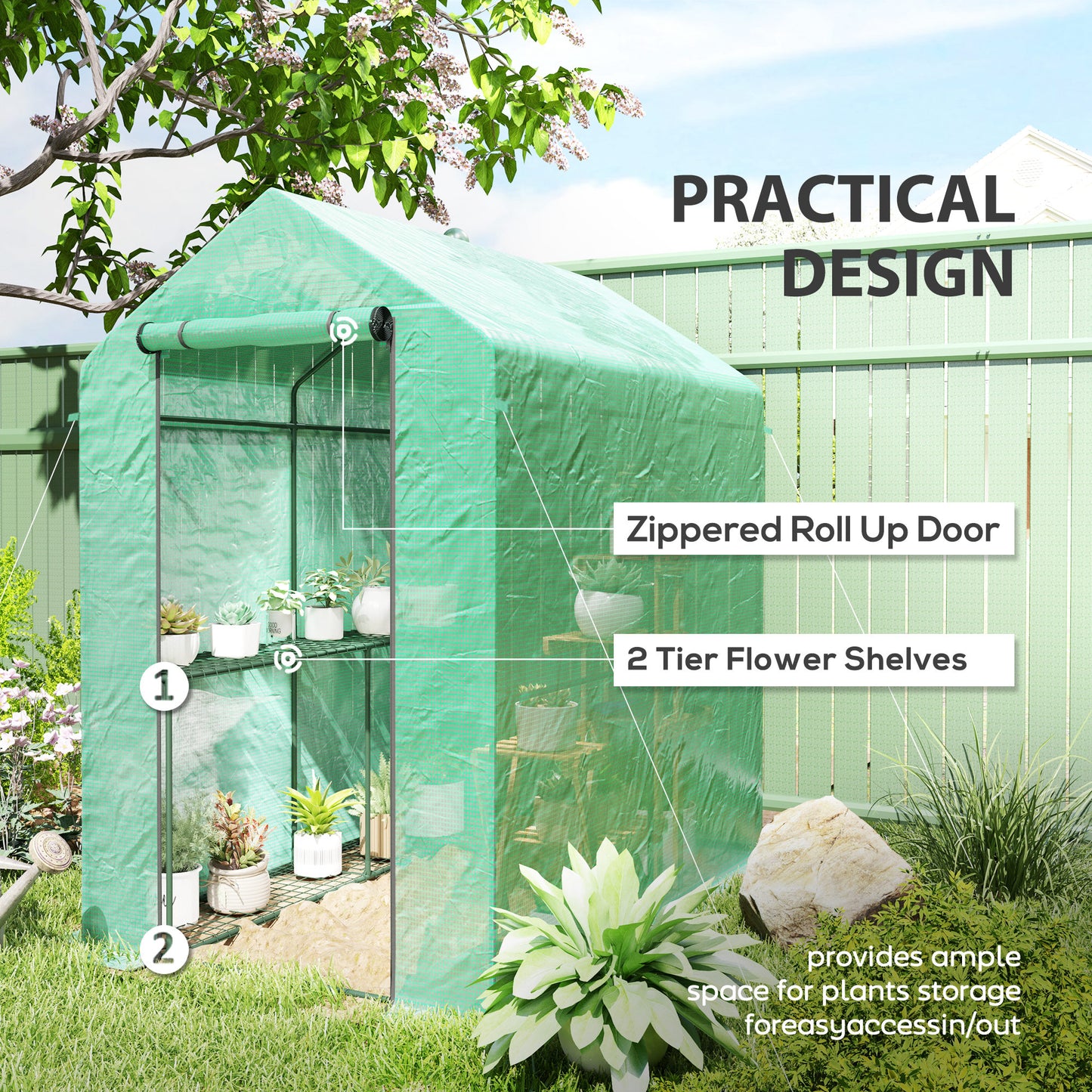 Outsunny Walk-in Greenhouse, 2 Tier 4 Shelves, Reinforced PE Cover, Roll-up Door, 120x186x190 cm, Green