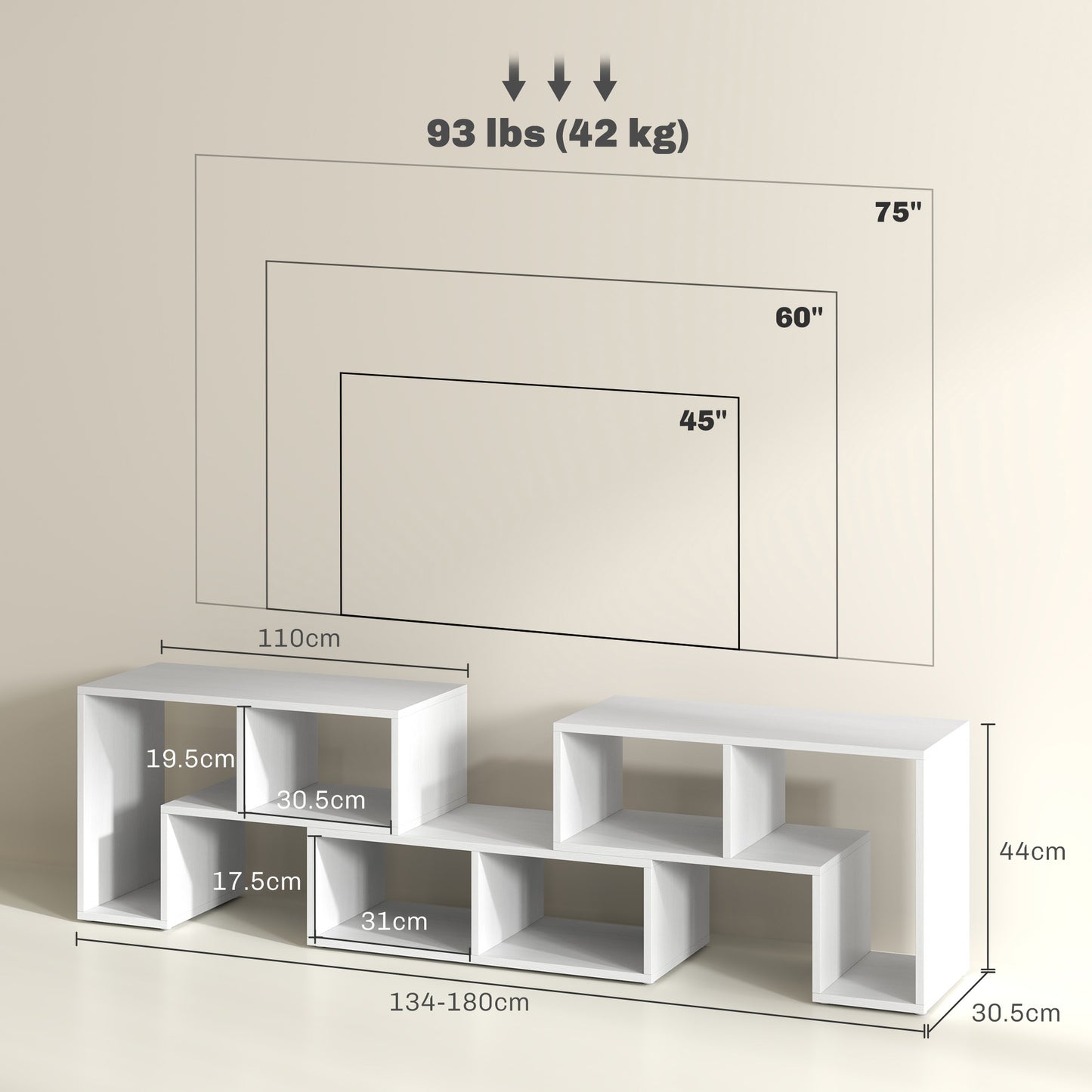 HOMCOM TV Stand for TVs up to 75", Storage Shelves, Extendable Unit, White Wood Grain