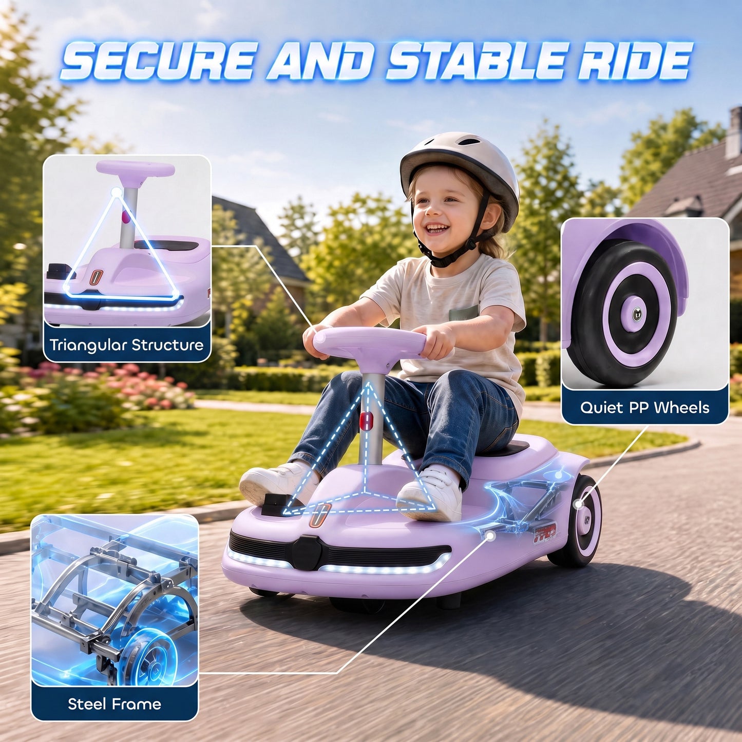 AIYAPLAY 12V Electric Wiggle Car with Pedal, Kids Electric Car with 2 Speeds, Soft Start, Music, Lights for 3-5 Years, Purple