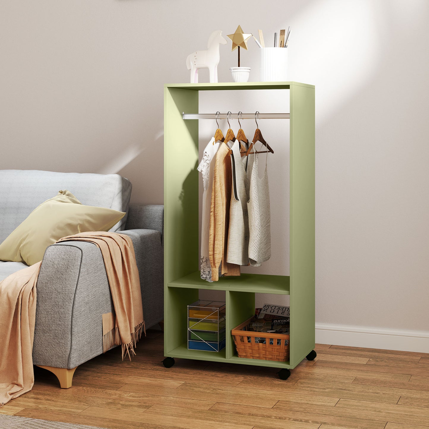 HOMCOM Wardrobe on Wheels with Clothes Rail, Storage Shelves, Mobile Garment Rack for Bedroom, Hallway, Cloakroom, Green