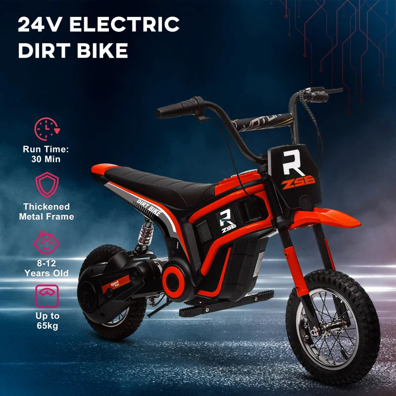 HOMCOM 24V Electric Motorbike, Dirt Bike with Twist Grip Throttle, Music, Horn, 12" Pneumatic Tyres, 16km/h Max Speed - Red