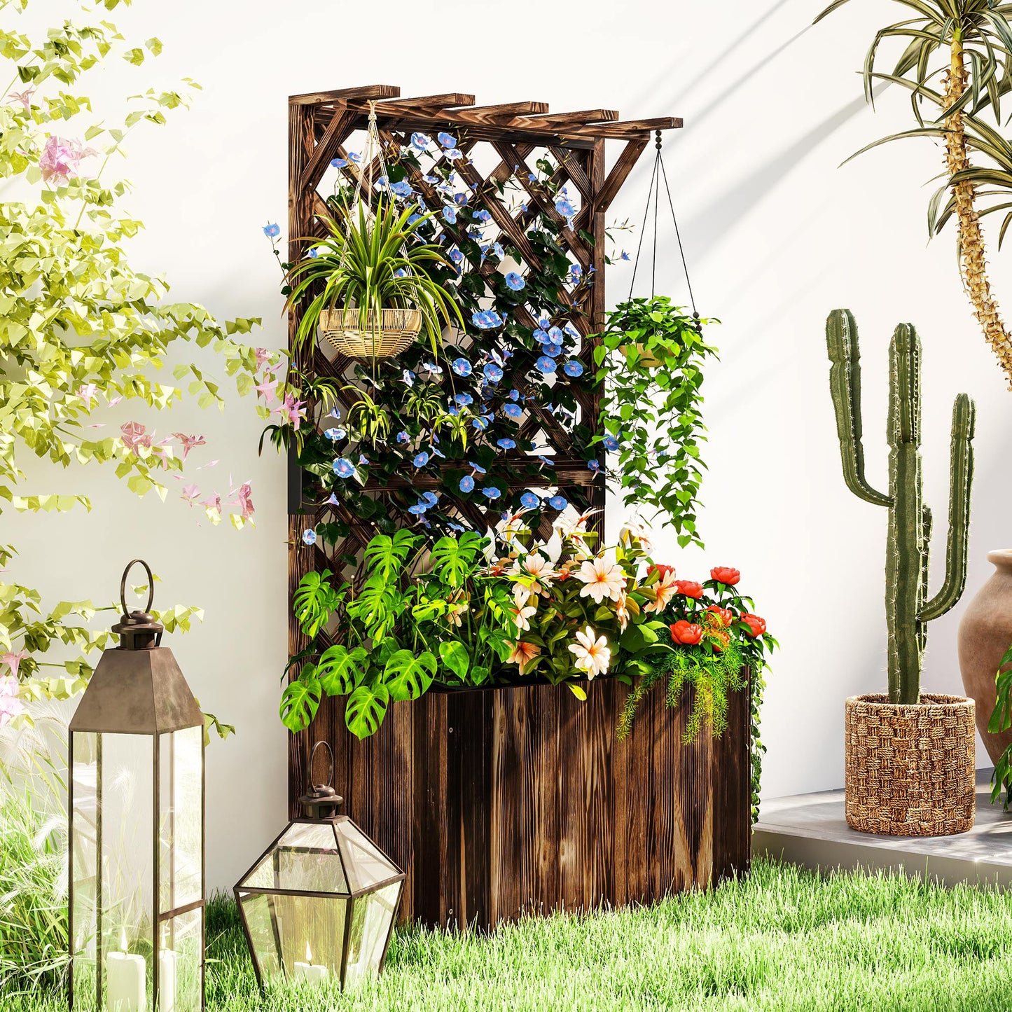 Outsunny Wooden Planter with Trellis, Freestanding Raised Garden Bed with Drainage Holes and Liner for Vegetables and Flowers, Carbonised