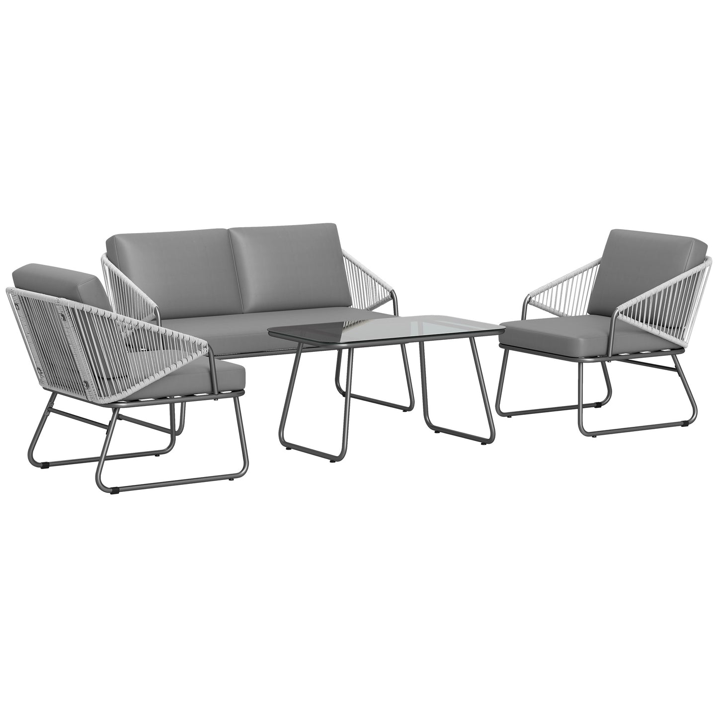 Outsunny 4 Piece Rattan Garden Furniture Set: Loveseat, Armchairs, Coffee Table & Cushions, Grey