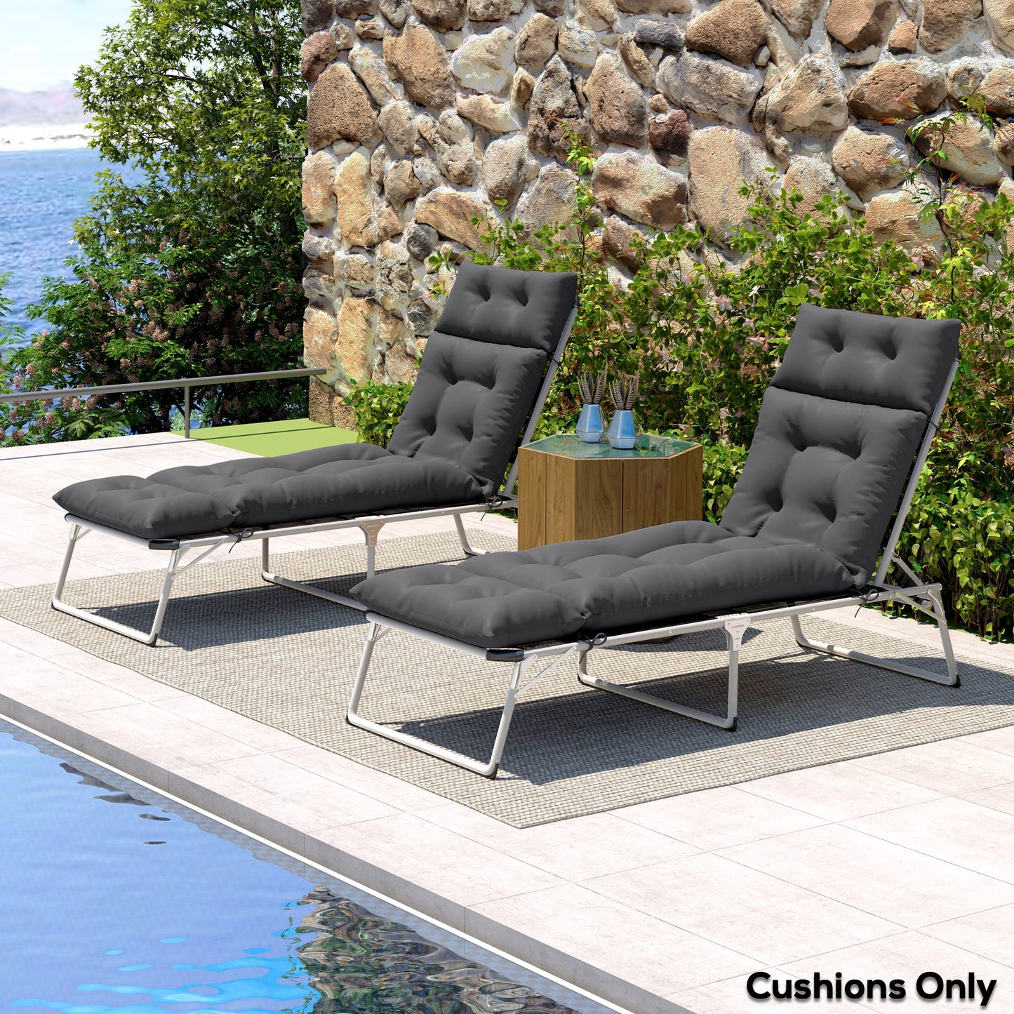 Outsunny Sun Lounger Cushions (2-Pack), 190x56x10cm, UPF20+ 220gsm Fabric, Thick, Dark Grey