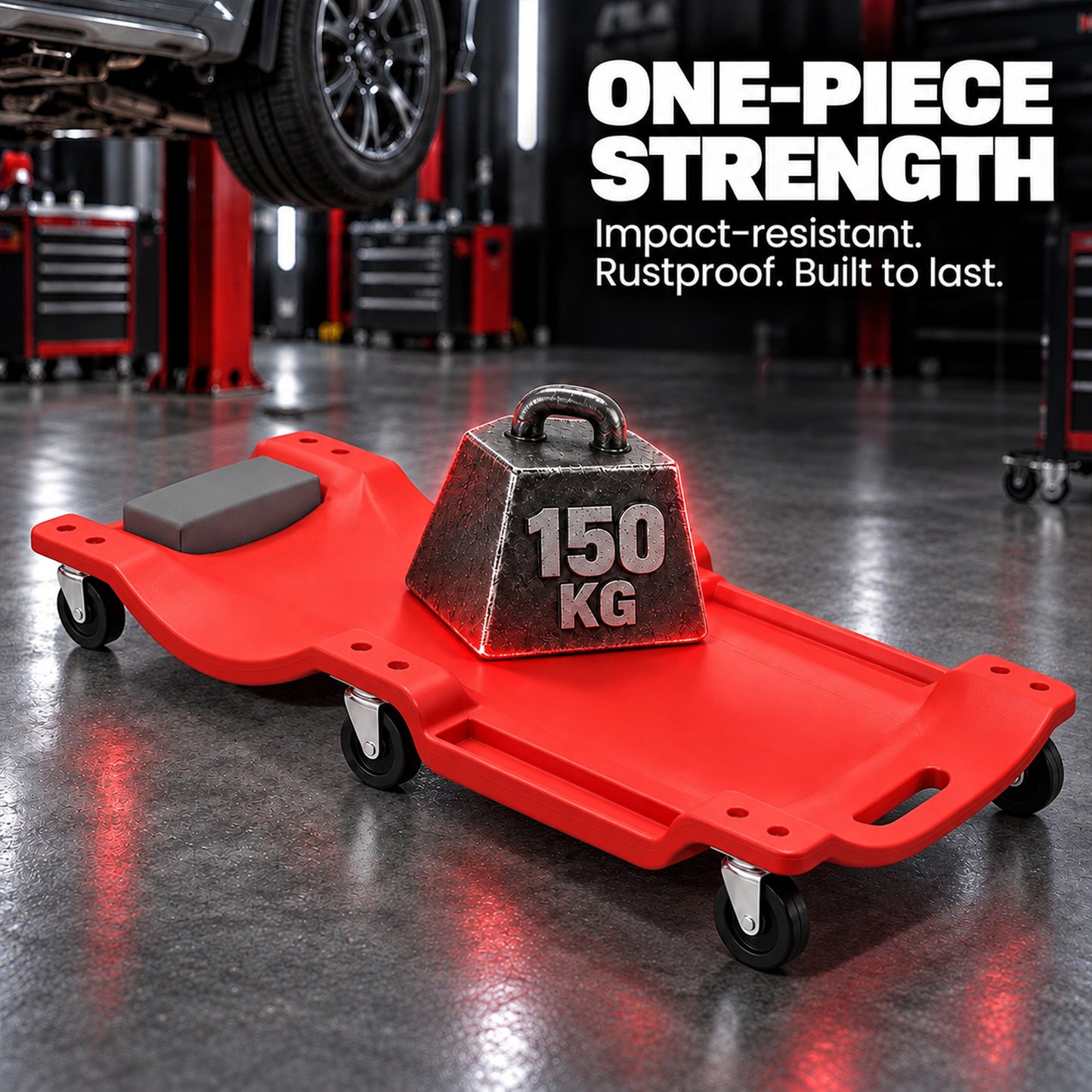 HOMCOM Low Profile Rolling Shop Creeper, Padded Headrest, Dual Tool Trays, 6 Swivel Casters, 150 kg, Red