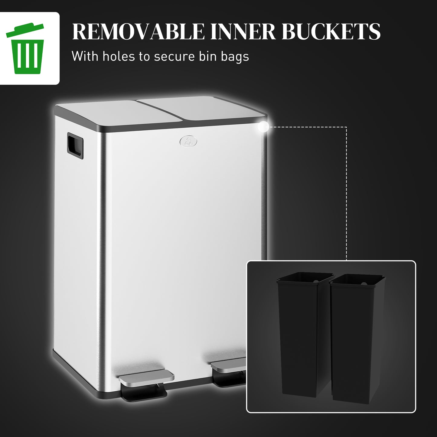 HOMCOM 56L Dual Compartment Stainless Steel Bin, with Deodoriser Holders - Silver Tone