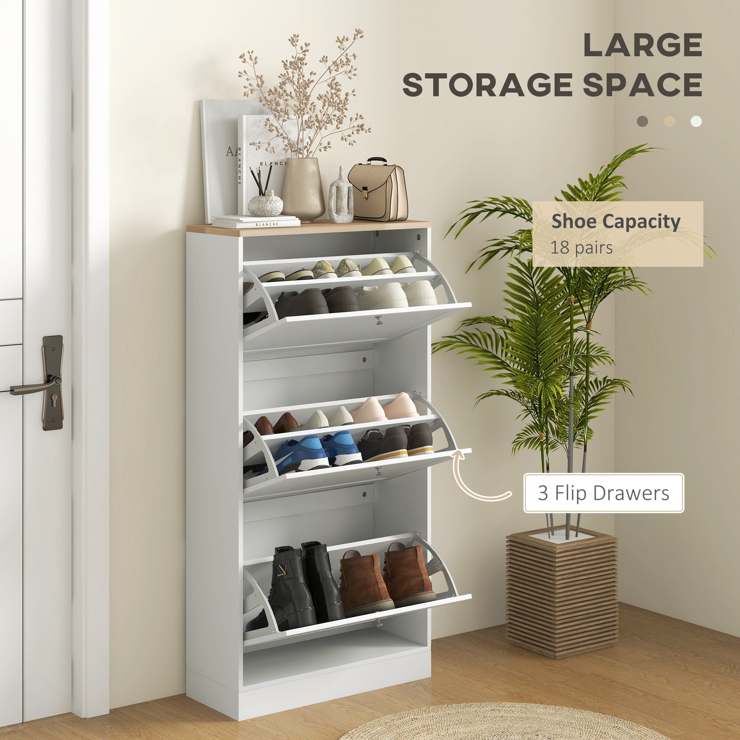 HOMCOM Shoe Cabinet with 3 Flip Drawers, Narrow Shoe Storage Cabinet for 18 Pairs, Freestanding Slim Shoe Rack for Entryway, Hallway, White